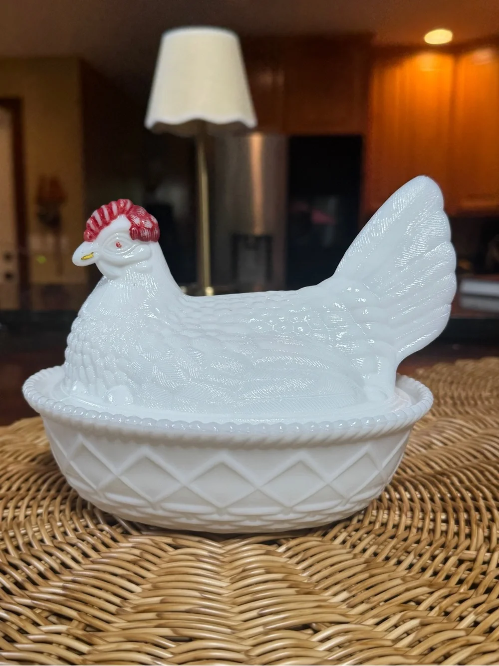 White Ceramic Hen on Nest Covered Dish with Red Comb